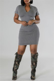 Grey Casual Solid Basic Zipper Collar Short Sleeve Short Sleeve Dress