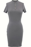 Grey Casual Solid Basic Zipper Collar Short Sleeve Short Sleeve Dress