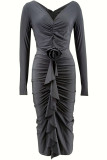 Dark Gray Casual Solid Fold V Neck Long Sleeve Dresses