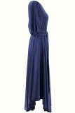 Blue Casual Solid Slit Oblique Collar A Line Dresses
