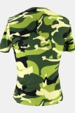 Army Green Casual Camouflage Print Basic O Neck T-Shirts