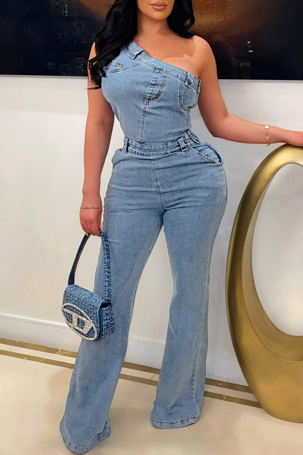 Light Blue Street Solid Patchwork Pocket Oblique Collar Sleeveless High Waist Regular Denim Jumpsuits