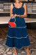 Blue Sweet Solid Tassel Patchwork Backless Asymmetrical Collar A Line Plus Size Dresses