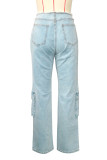 Blue Casual Solid Patchwork Pocket High Waist Straight Denim Jeans