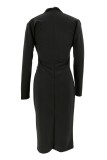 Black Casual Solid Basic V Neck Long Sleeve Dresses