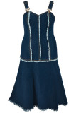 Deep Blue Elegant Tassel Patchwork Backless Contrast Asymmetrical Collar A Line Plus Size Dresses