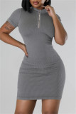 Grey Casual Solid Basic Zipper Collar Short Sleeve Short Sleeve Dress