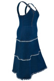 Blue Sweet Solid Tassel Patchwork Backless Asymmetrical Collar A Line Plus Size Dresses