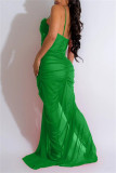 Green Sexy Solid See-through Backless Slit Spaghetti Strap Long Dresses