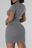 Grey Casual Solid Basic Zipper Collar Short Sleeve Short Sleeve Dress