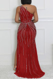 Red Sexy Patchwork Backless High Opening Hot Drill Oblique Collar Long Dresses