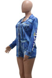 Blue Casual Print Patchwork Pocket Cardigan Collar Long Sleeve Two Pieces