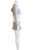 Light Gray Sweet Patchwork Fold Zipper Hooded Collar Long Sleeve Two Pieces