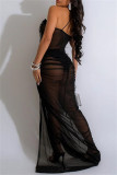 Black Sexy Solid See-through Backless Slit Spaghetti Strap Long Dresses