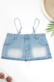 Blue Street Solid Patchwork Pocket Buttons Zipper Spaghetti Strap Tops