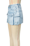 Blue Street Solid Patchwork Pocket Buttons Zipper High Waist Loose Denim Skirts