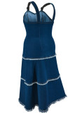 Blue Sweet Solid Tassel Patchwork Backless Asymmetrical Collar A Line Plus Size Dresses