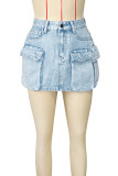 Blue Street Solid Patchwork Pocket Buttons Zipper High Waist Loose Denim Skirts