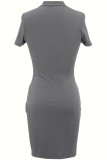 Grey Casual Solid Basic Zipper Collar Short Sleeve Short Sleeve Dress