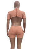 Tangerine Red Casual Solid Patchwork Pocket Backless O Neck Skinny Rompers