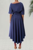 Blue Casual Solid Slit Oblique Collar A Line Dresses