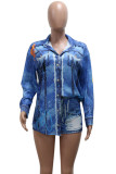 Blue Casual Print Patchwork Pocket Cardigan Collar Long Sleeve Two Pieces