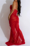 Red Sexy Solid See-through Backless Slit Spaghetti Strap Long Dresses