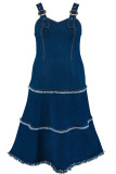 Blue Sweet Solid Tassel Patchwork Backless Asymmetrical Collar A Line Plus Size Dresses