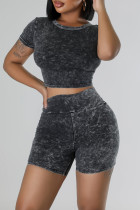 Black Casual Solid Patchwork O Neck Short Sleeve Two Pieces
