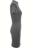 Grey Casual Solid Basic Zipper Collar Short Sleeve Short Sleeve Dress