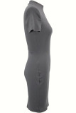 Grey Casual Solid Basic Zipper Collar Short Sleeve Short Sleeve Dress
