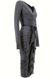 Dark Gray Casual Solid Fold V Neck Long Sleeve Dresses