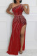 Red Sexy Patchwork Backless High Opening Hot Drill Oblique Collar Long Dresses