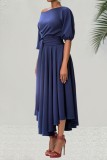 Blue Casual Solid Slit Oblique Collar A Line Dresses