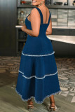 Blue Sweet Solid Tassel Patchwork Backless Asymmetrical Collar A Line Plus Size Dresses