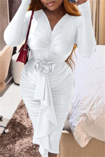 White Casual Solid Fold V Neck Long Sleeve Dresses