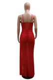 Red Sexy Solid See-through Backless Slit Spaghetti Strap Long Dresses