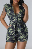 Camouflage Casual Camouflage Print Buttons Turndown Collar Skinny Rompers