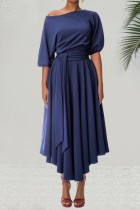 Blue Casual Solid Slit Oblique Collar A Line Dresses