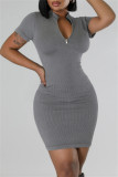 Grey Casual Solid Basic Zipper Collar Short Sleeve Short Sleeve Dress
