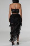 Black Sexy Solid Patchwork Backless Asymmetrical Strapless Sleeveless Two Pieces