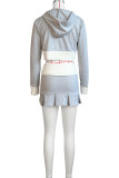 Light Gray Sweet Patchwork Fold Zipper Hooded Collar Long Sleeve Two Pieces