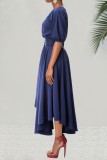 Blue Casual Solid Slit Oblique Collar A Line Dresses