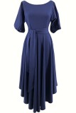 Blue Casual Solid Slit Oblique Collar A Line Dresses