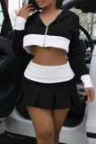 Light Gray Sweet Patchwork Fold Zipper Hooded Collar Long Sleeve Two Pieces