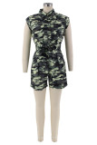 Camouflage Casual Camouflage Print Buttons Turndown Collar Skinny Rompers