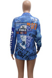 Blue Casual Print Patchwork Pocket Cardigan Collar Long Sleeve Two Pieces