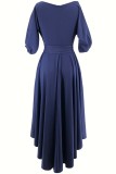 Blue Casual Solid Slit Oblique Collar A Line Dresses