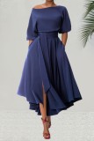 Blue Casual Solid Slit Oblique Collar A Line Dresses