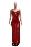 Red Sexy Solid See-through Backless Slit Spaghetti Strap Long Dresses